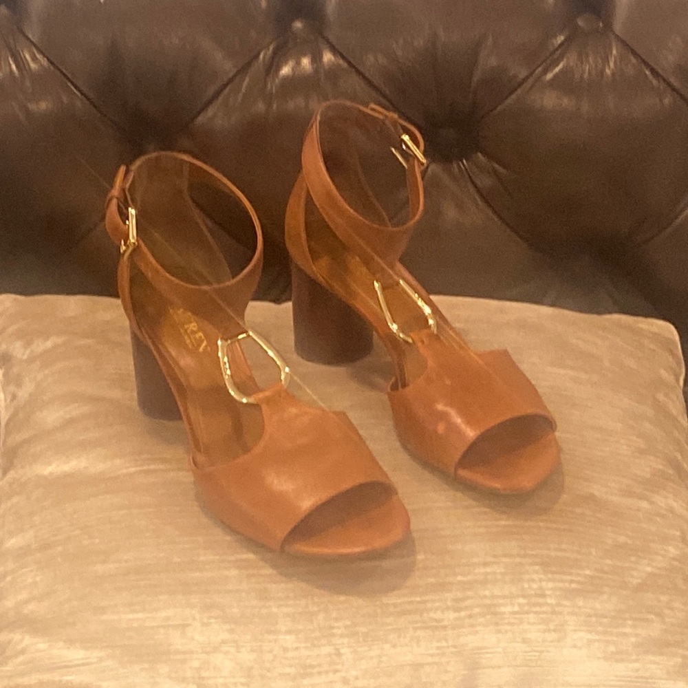 Lauren Ralph Lauren Cognac Round Block Heel Leather Shoe